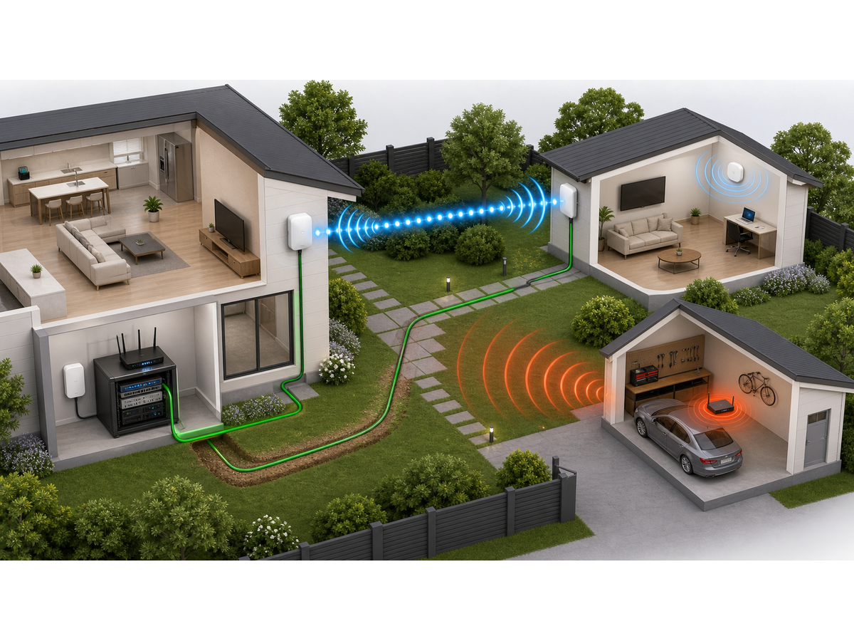 3D large-property access point placement map with detached building coverage and wired backhaul