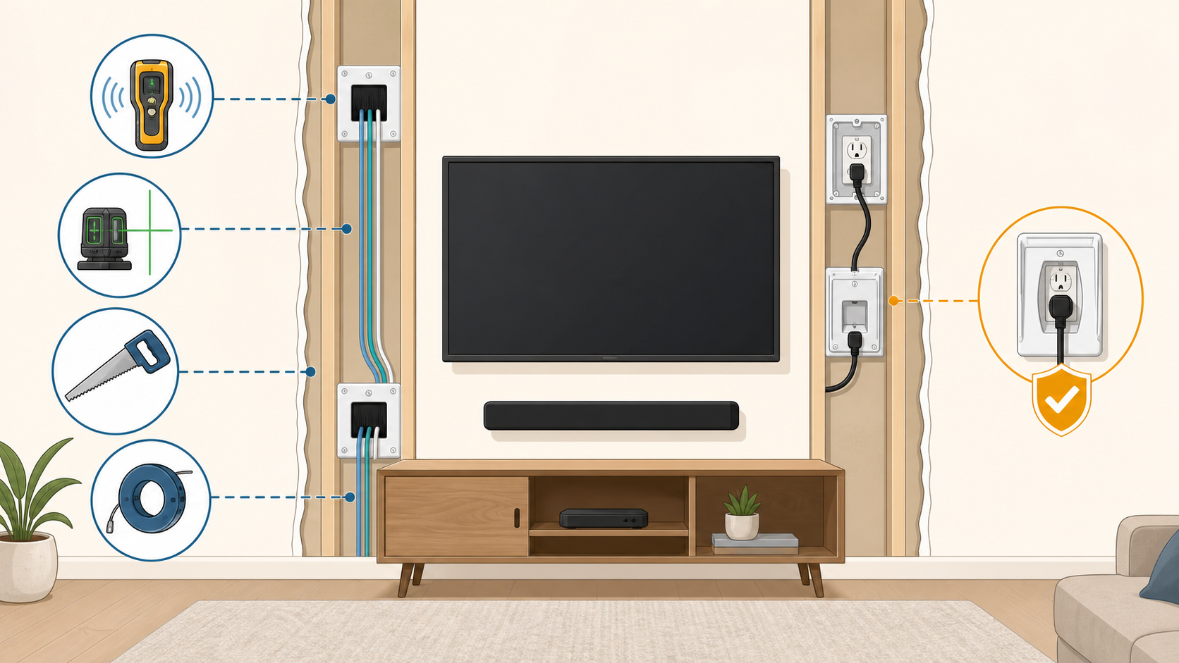 Hidden TV wire planning map showing TV, wall path, low-voltage cables, safe power handling and media console