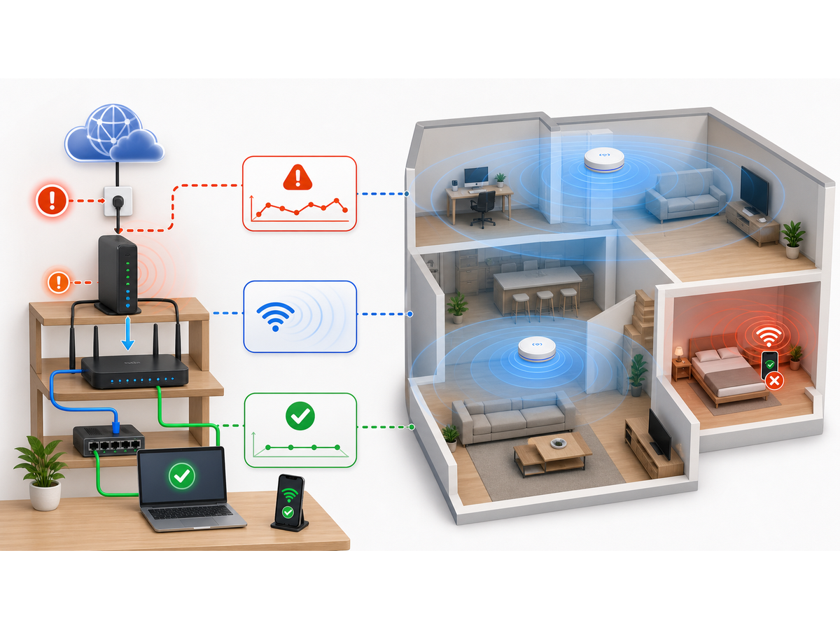 3D Wi-Fi troubleshooting map showing ISP handoff local router and weak room checks