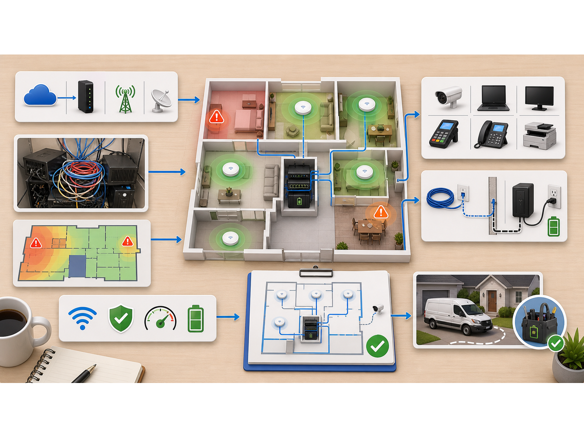 3D network planning map showing rooms, wired path, router location and coverage problem areas